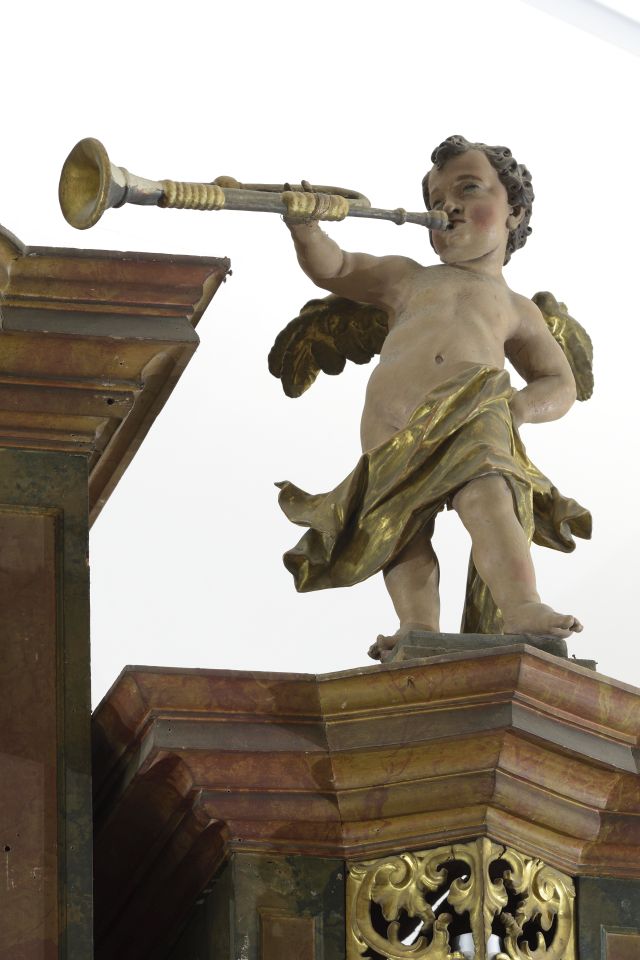 Varaždin, Ursuline church, organ, sculpture of the right putto (Croatian Conservation Institute Photo Archive, photo by Miroslav Pavličić, 2018)