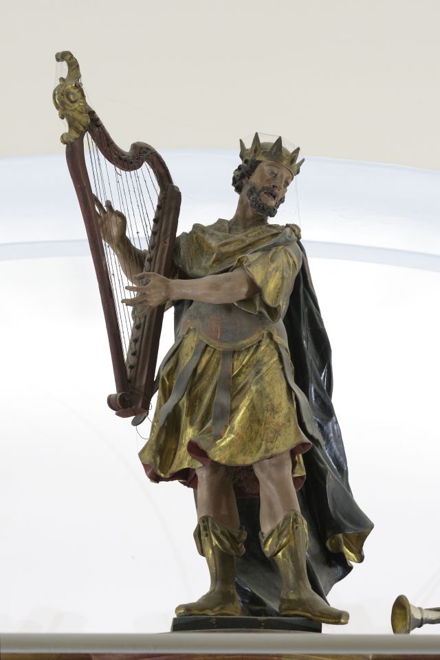Varaždin, Ursuline church, organ, sculpture of King David (Croatian Conservation Institute Photo Archive, photo by Miroslav Pavličić, 2018)