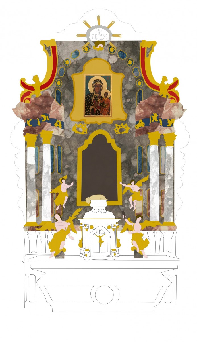 High altar in Vugrovec, reconstruction of polychromy from 1759 (drawing by Ksenija Škarić, 2022)