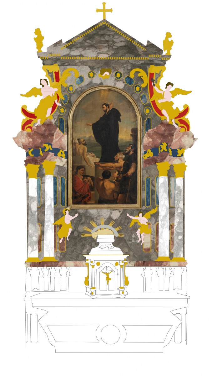 High altar in Vugrovec, reconstruction of repolychromy from 1838 (drawing by Ksenija Škarić, 2022)