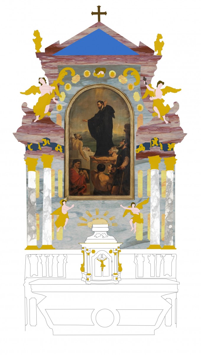 High altar in Vugrovec, reconstruction of repolychromy from 1858 (drawing by Ksenija Škarić, 2022)