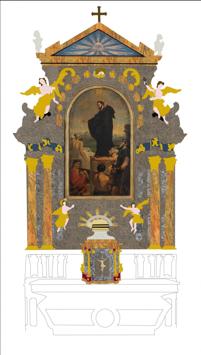 High altar in Vugrovec, reconstruction of repolychromy from 1897 (drawing by Ksenija Škarić, 2022)
