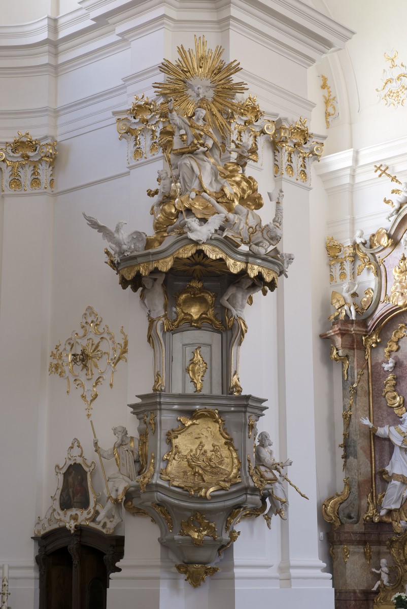 The pulpit in the Monastery Church of St Dionysius and St Juliana in Schäftlarn (Bavarian State Department of Monuments and Sites, photo by Michael Forstner, 2017)