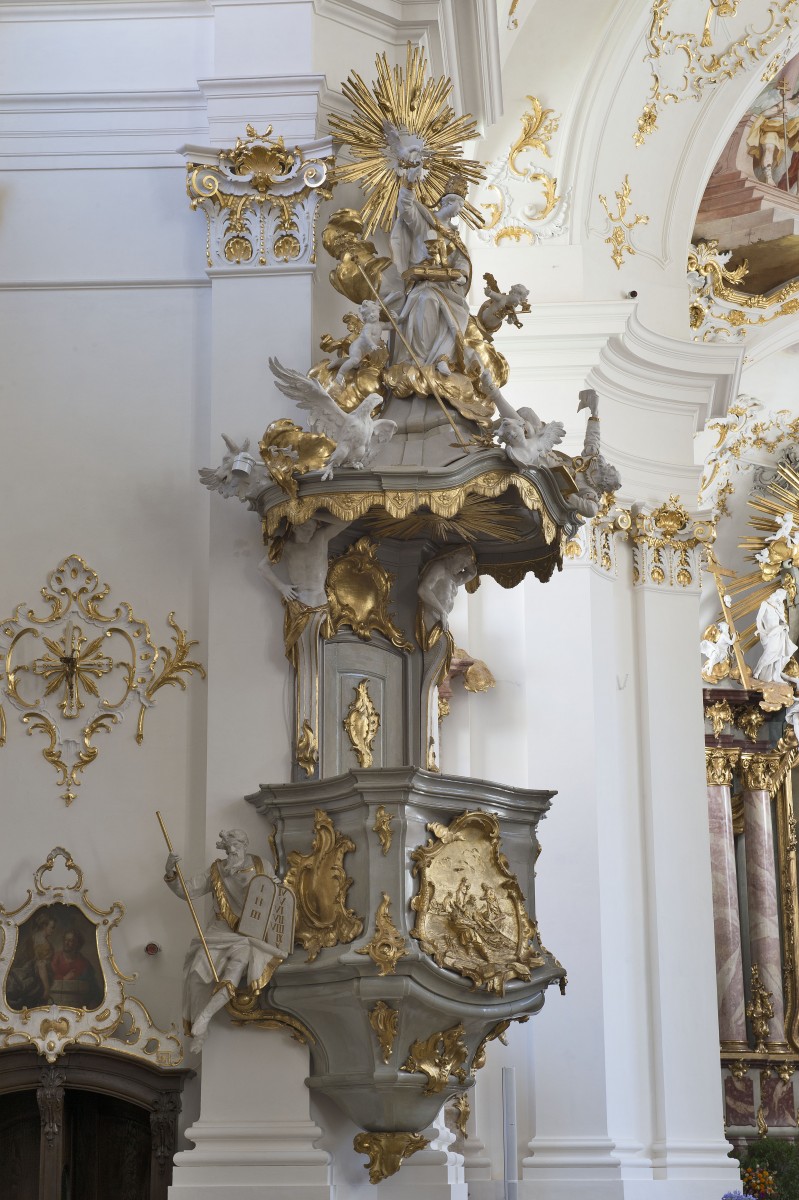 The pulpit in the Monastery Church of St Dionysius and St Juliana in Schäftlarn (Bavarian State Department of Monuments and Sites, photo by Michael Forstner, 2017)