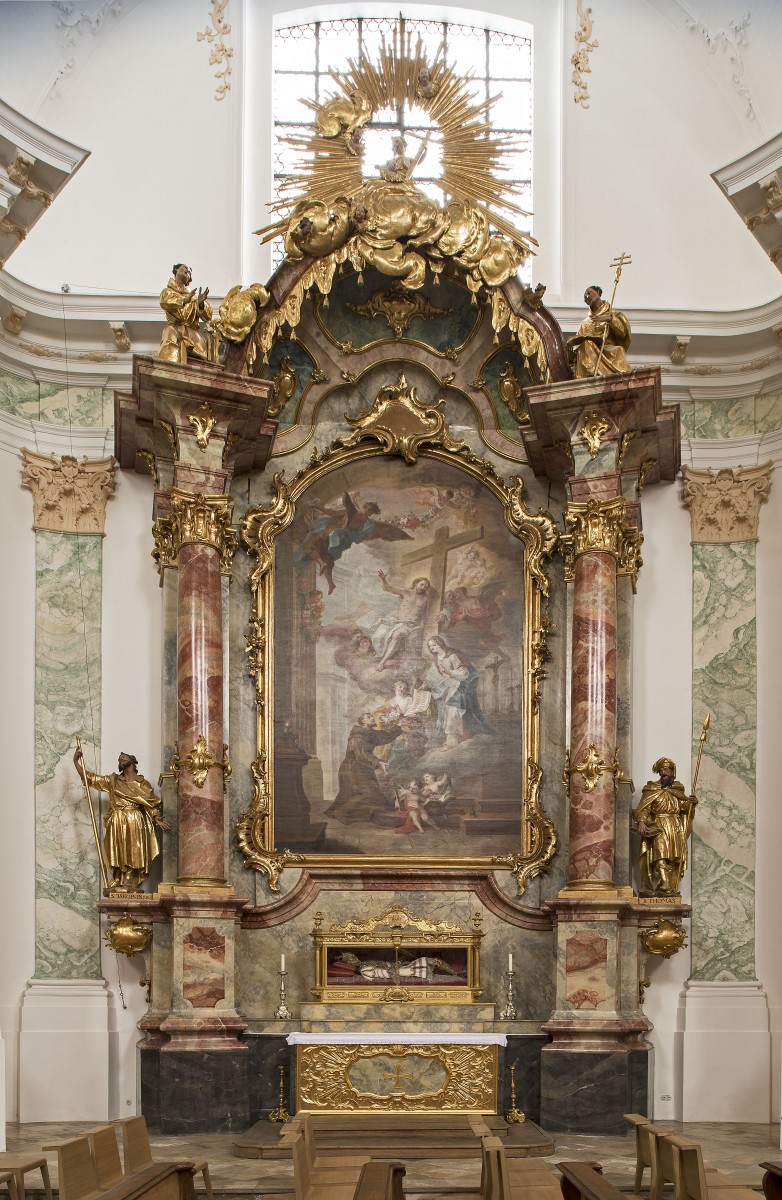 Large side altar (north) of the catholic parish church, former court-,knightsorder- and archbrotherhood church of St Michael in Munich, Berg-am-Laim, Photo: BLfD Michael Forstner, 2017