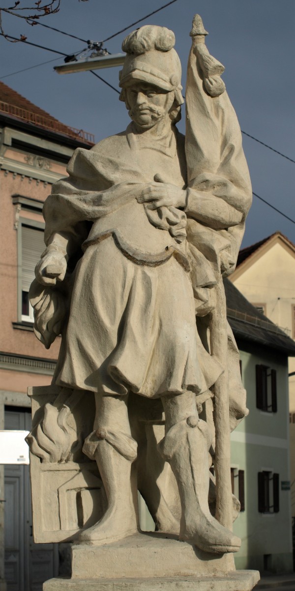 St Florian (right), detail, Marian Column, Karlauplatz (photo by Anja Lindbichler, 2018)