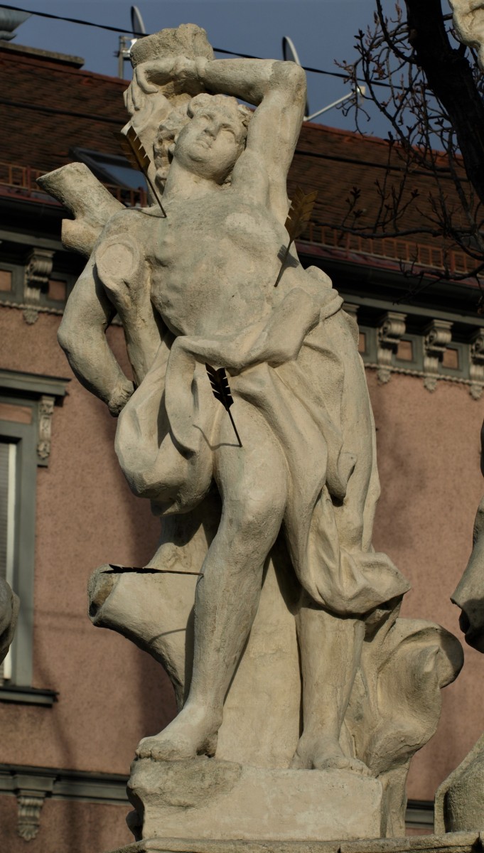 St Sebastian (left), detail, Marian Column, Karlauplatz (photo by Anja Lindbichler, 2018)