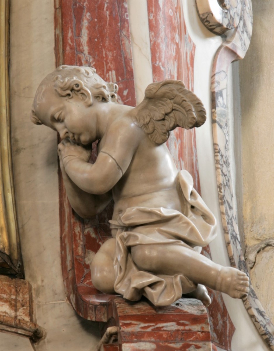 Putto on entablature (right), altar of St Aloysius, Cathedral Graz (photo by Diocesan Museum Graz, 2014)