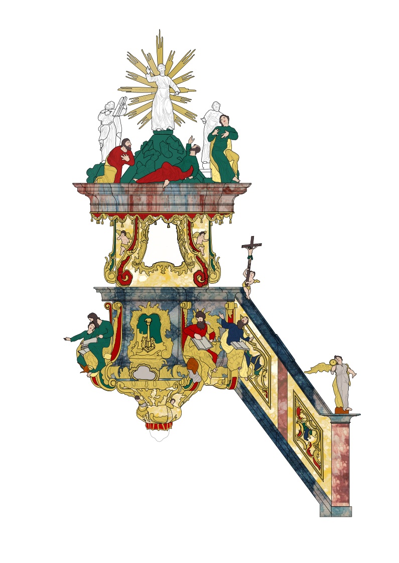 Pulpit in the Parish Church of Our Lady of Snow in Kutina, reconstruction of polychromy from 1765 (drawing by Maja Kamenar and Ksenija Škarić)